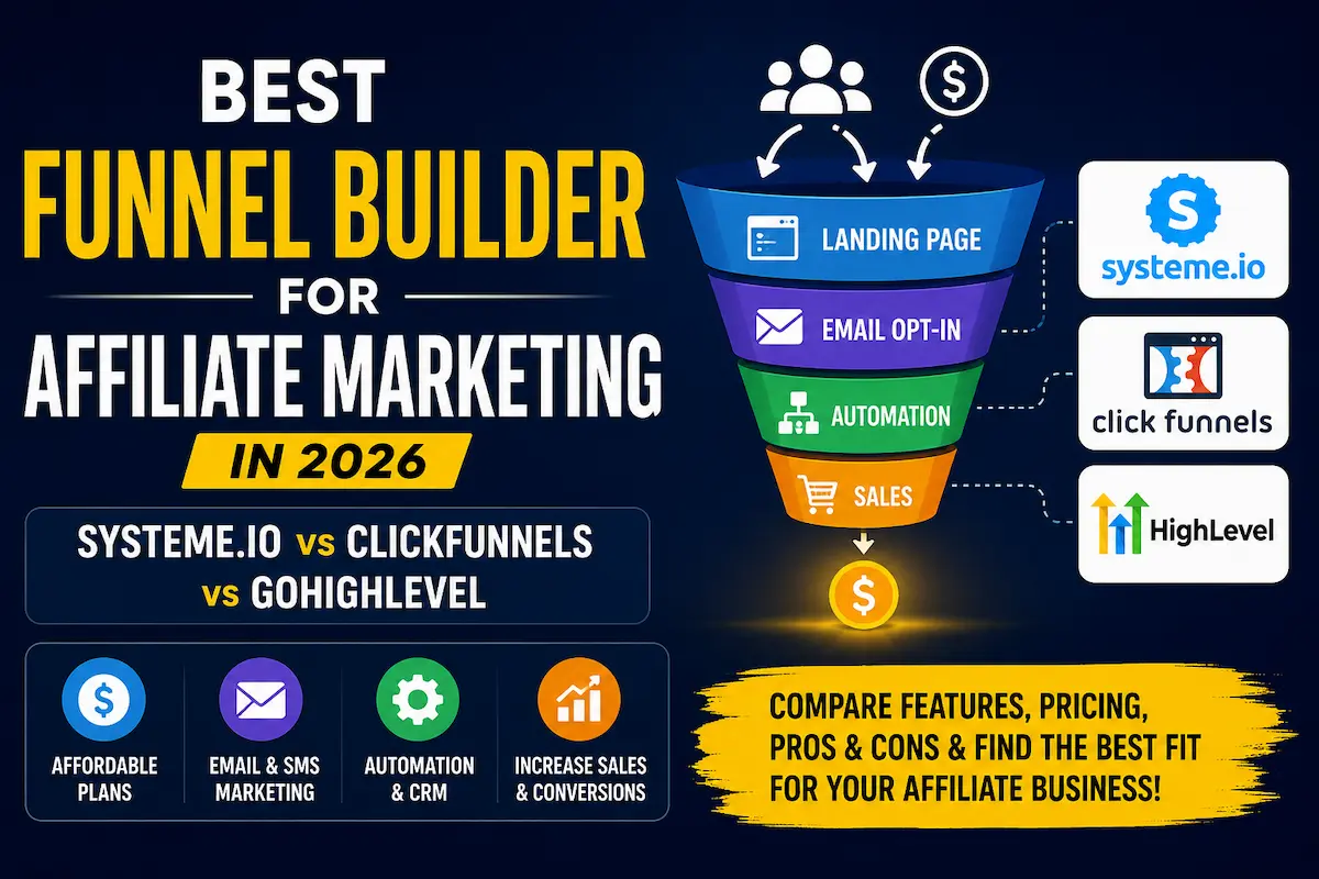 Best funnel builder for affiliate marketing in 2026 comparing Systeme.io, ClickFunnels, and GoHighLevel