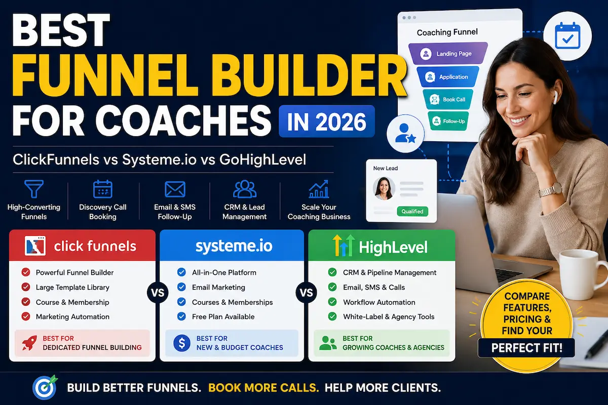 Best funnel builder for coaches in 2026 comparing ClickFunnels, Systeme.io, and GoHighLevel