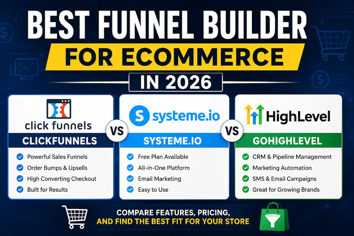 Best funnel builder for ecommerce in 2026 compared across ClickFunnels, Systeme.io, and GoHighLevel
