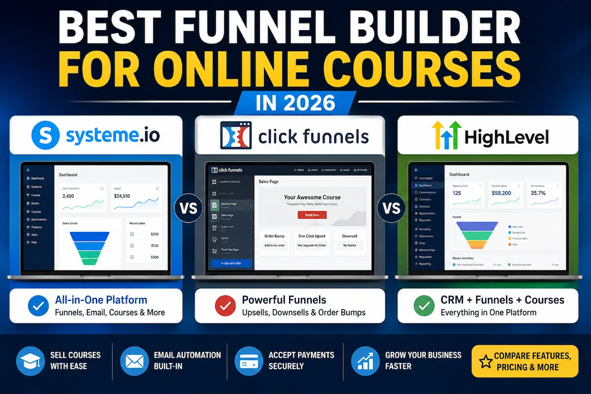 Best funnel builder for online courses in 2026 comparison of Systeme.io ClickFunnels and GoHighLevel