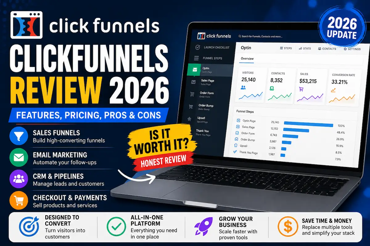 ClickFunnels Review 2026 showing funnel builder features, pricing, pros and cons