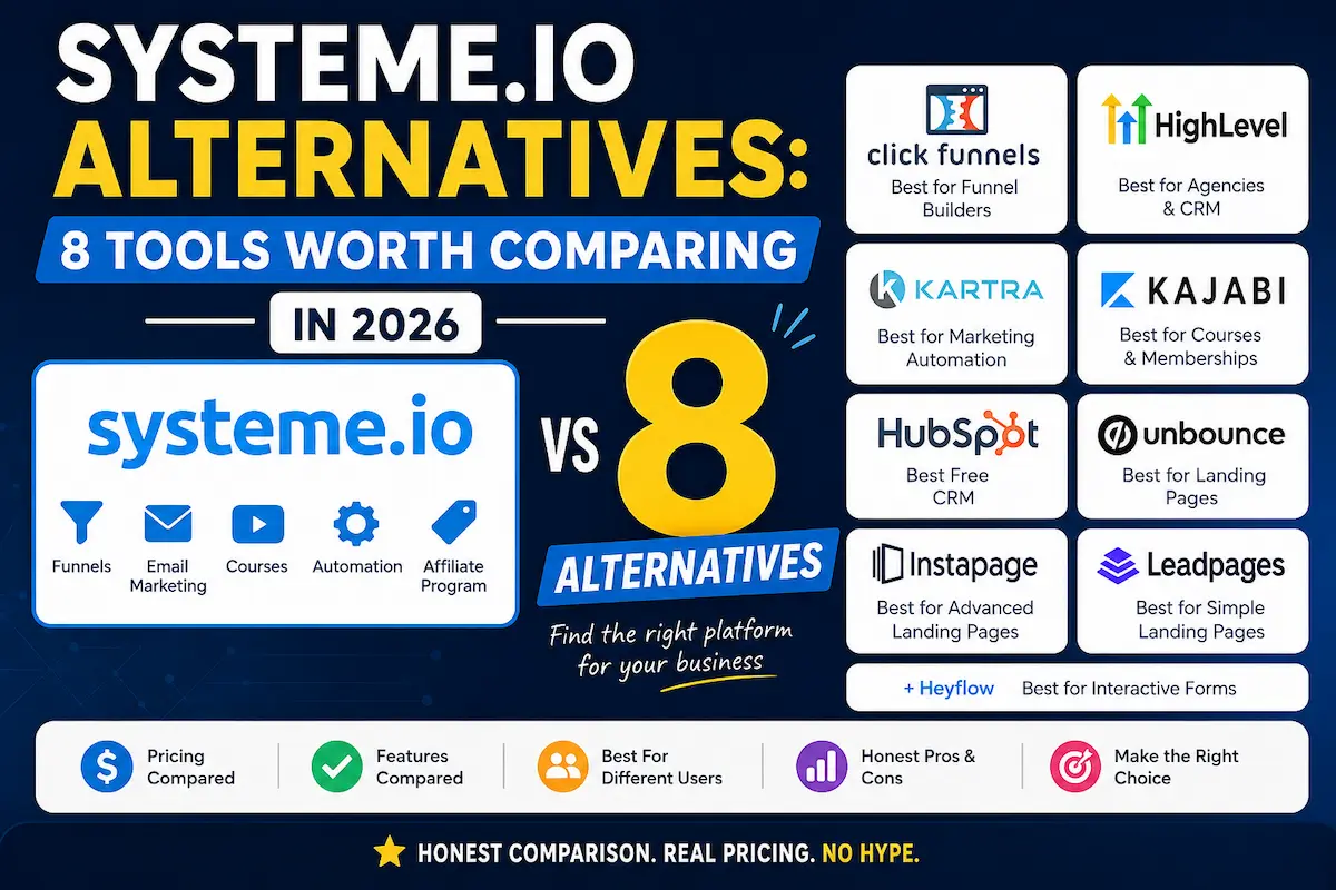 Comparison of Systeme.io alternatives including ClickFunnels, GoHighLevel, Kartra, and Kajabi in 2026