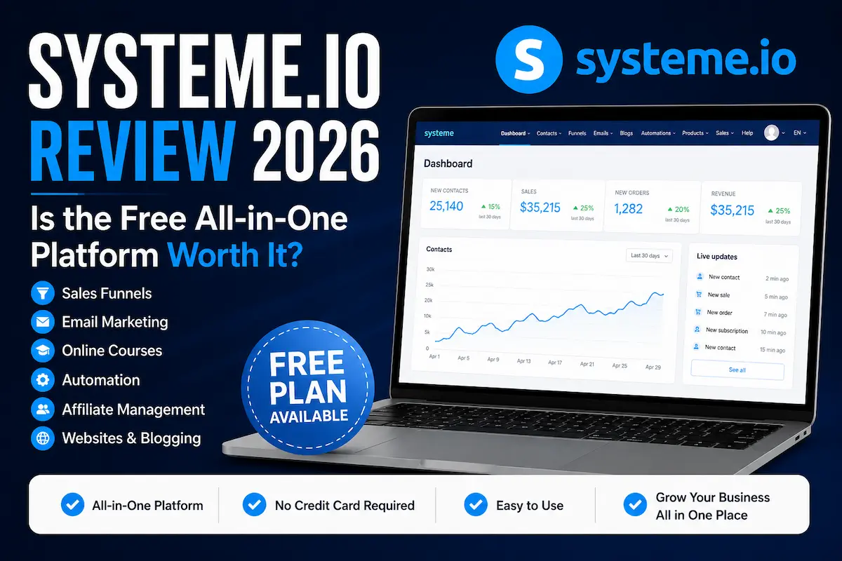 Systeme.io Review 2026 showing its all-in-one marketing platform and free plan