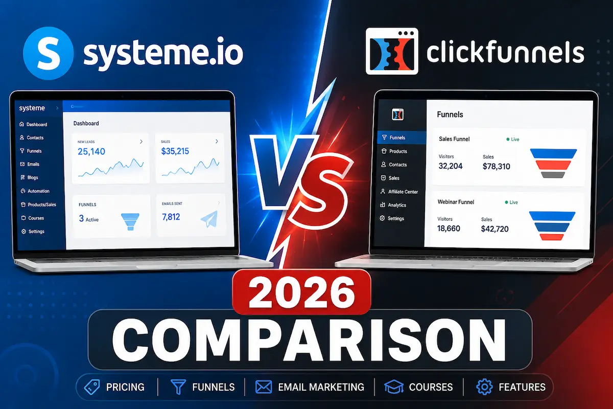 Systeme.io vs ClickFunnels 2026 comparison showing funnel building, pricing, email marketing, courses, and features