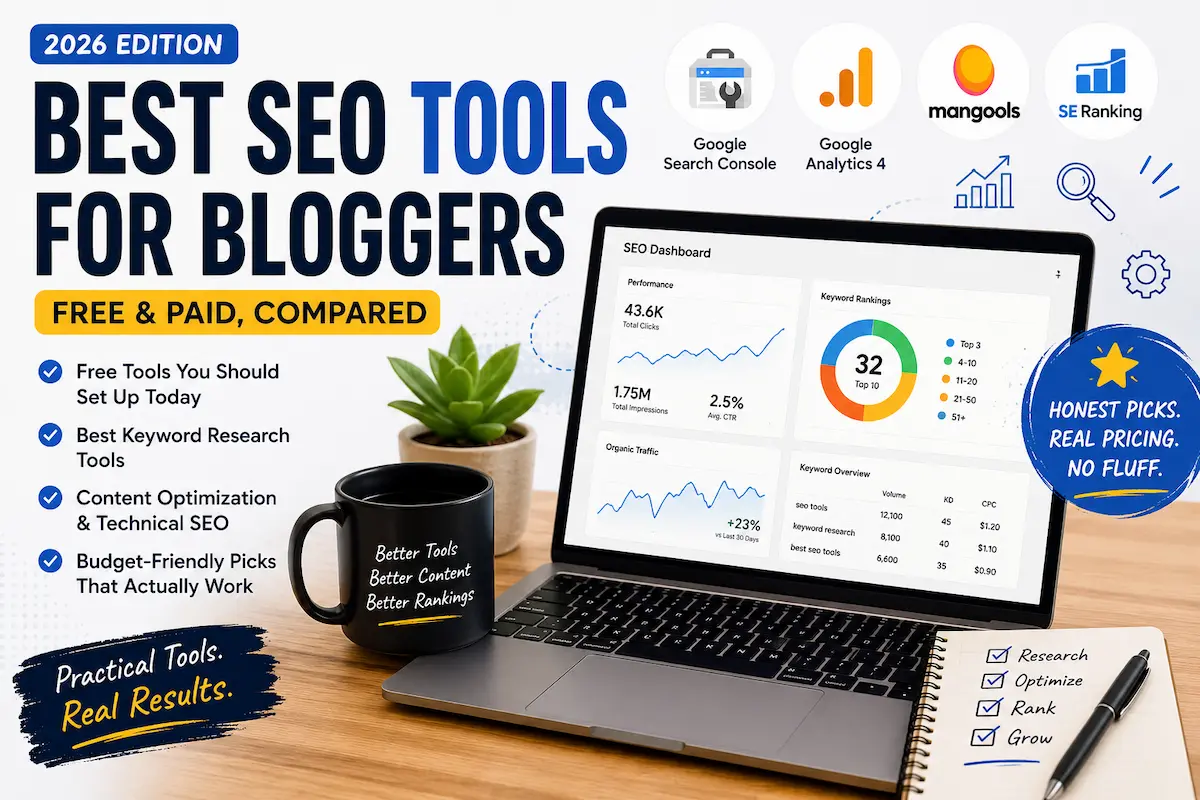Best SEO tools for bloggers in 2026 compared on a laptop dashboard