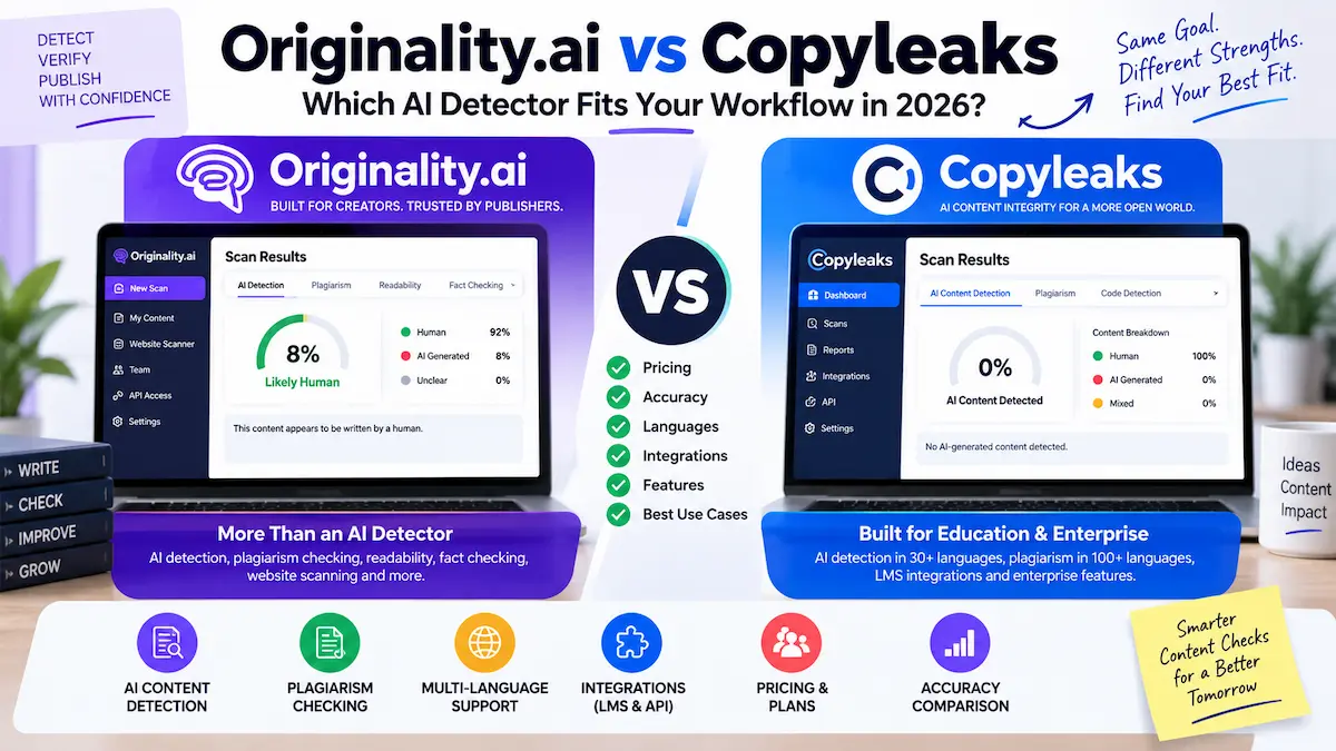 Originality.ai vs Copyleaks comparison of AI detection dashboards