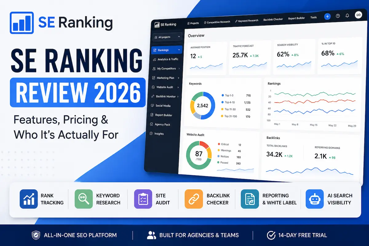 SE Ranking review showing the platform dashboard and core SEO features